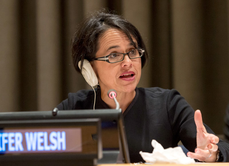 Jennifer Welsh addresses the United Nations General Assembly in September 2016 through her role as special adviser to the secretary-general on the responsibility to protect. (Cia Pak / UN photo)