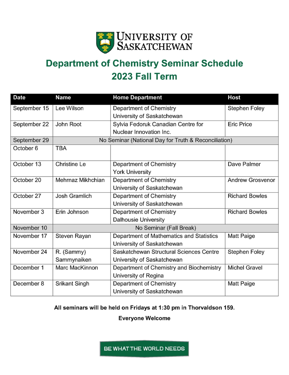 Seminar Schedule Fall 2023