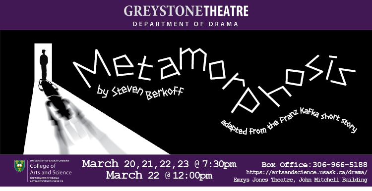 Image advertising Greystone's next production Metamorphosis featuring a human silhouette in a doorway but the shadow cast behind is of a beetle