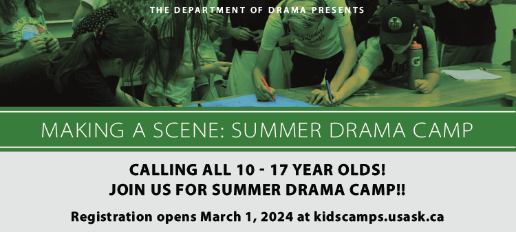 Image of kids drawing on a paper advertising the summer drama camps. Registration opens March 1, 2024.