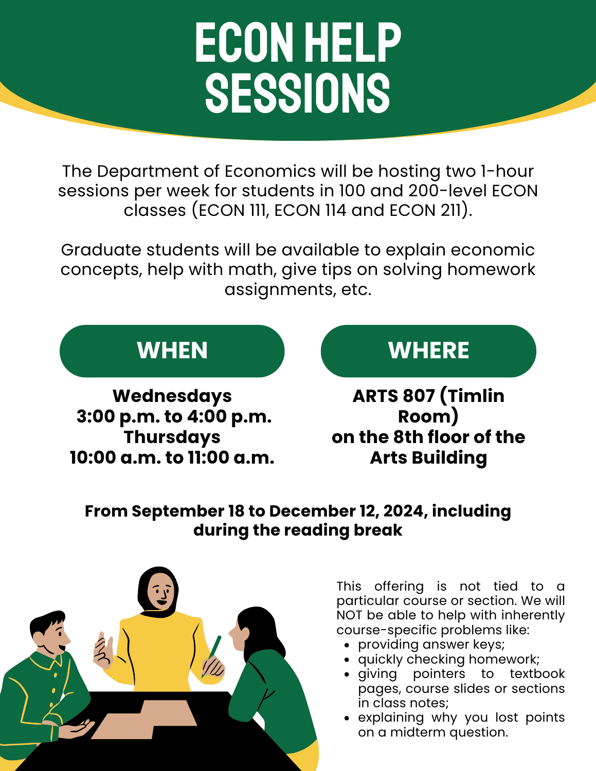 Poster with information on economics help sessions offered to undergraduate students in the fall 2024 term