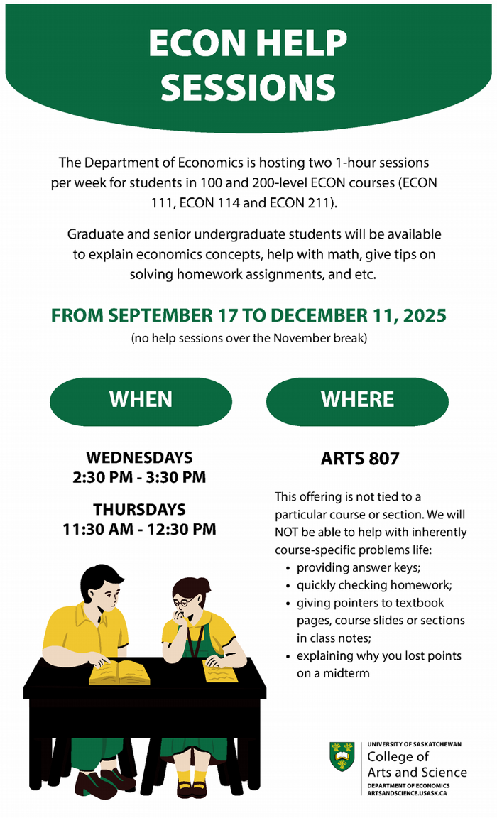 Poster with information on economics help sessions offered to undergraduate students in the 2025 Fall term