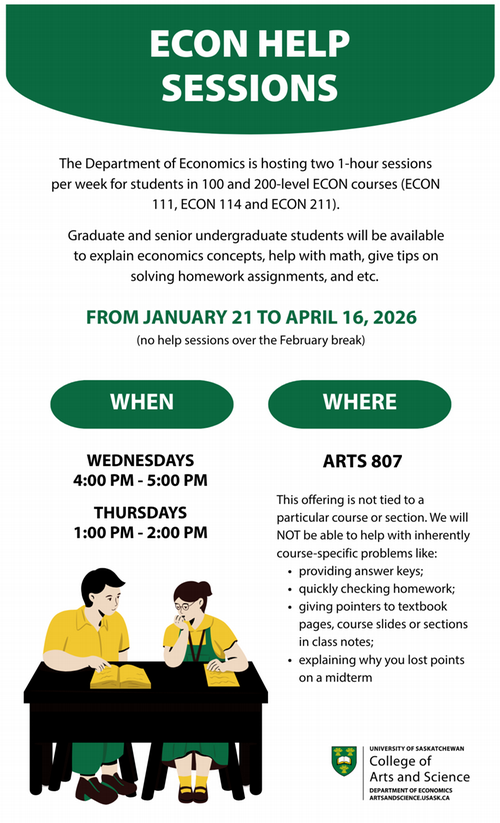 Poster with information on economics help sessions offered to undergraduate students in the 2025 Fall term