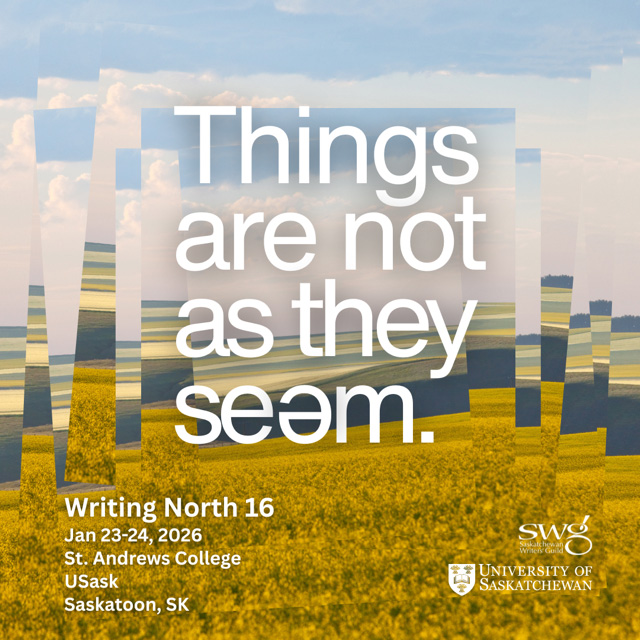 Poster for Writing North. Image of a Saskatchewan landscape that has been cut up to resemble a collage.