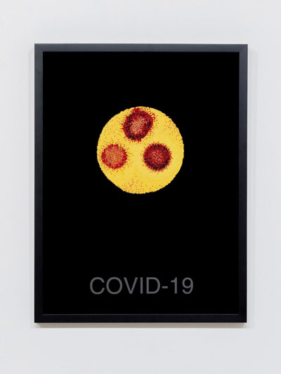 Ruth Cuthand, “Surviving: COVID-19 No. 1”, 2020. Glass beads, thread, backing. Collection of the University of Saskatchewan. (Photography by Carey Shaw)
