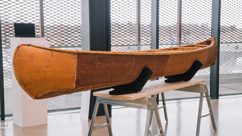 The traditional birch bark canoe built by Isaiah and Annie Roberts is pictured at Remai Modern in 2020. (Photography: Fatemeh Ebrahimnezhadamini / Shared Spaces)