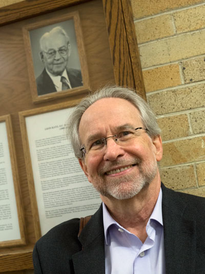 Katz with a photograph of his father, Professor Leon Katz, who once headed the Department of Physics.