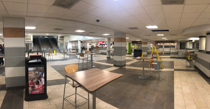 Pictured is the empty food court in Lower Place Riel on the USask campus. (Photography by David Bindle)