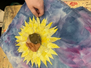 textile sunflower with pins