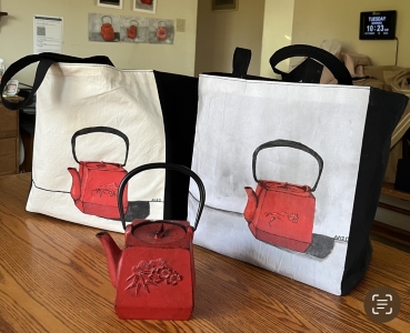 teapot and tote bags with printed teapots