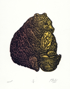 block print of a bear eating honey