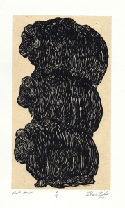 block print of three muskoxen stacked