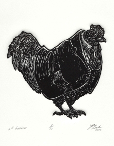 block print of a rooster wearing a jacket, shirt and tie