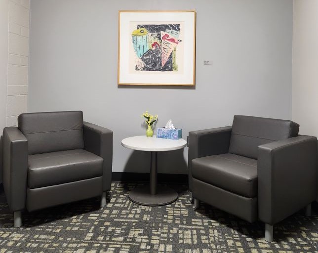 clinic treatment room with two comfy chairs, small table and wall art